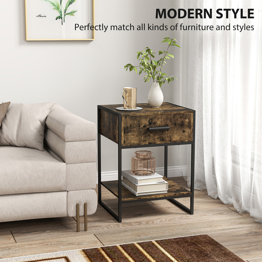 HOMCOM Single Drawer Single Shelf Rustic Brown Modern Bedside Table Image 8