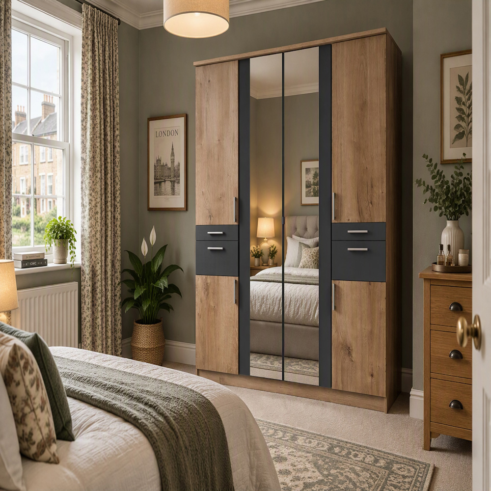 TJ'S Lyon 4 Door 4 Drawer Mirrored Oak Wardrobe Image 4