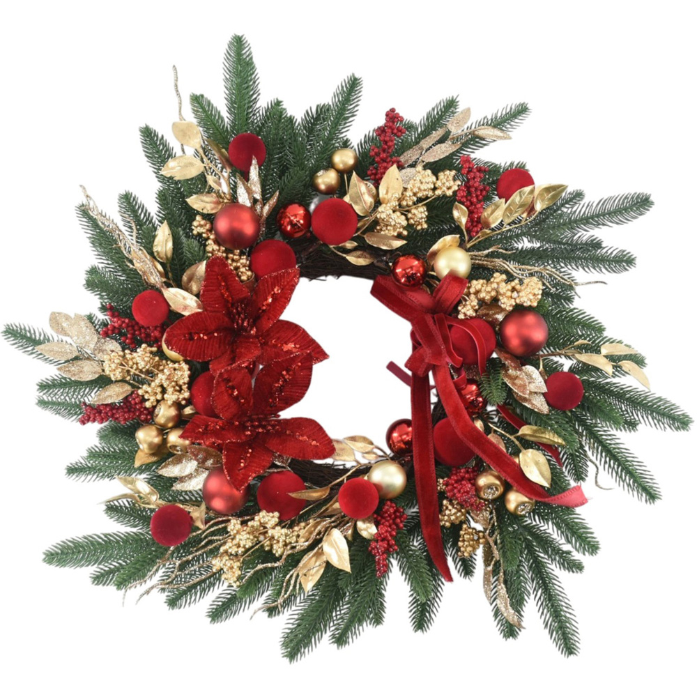 Noel Ribbon Poinsettia Wreath Image 1