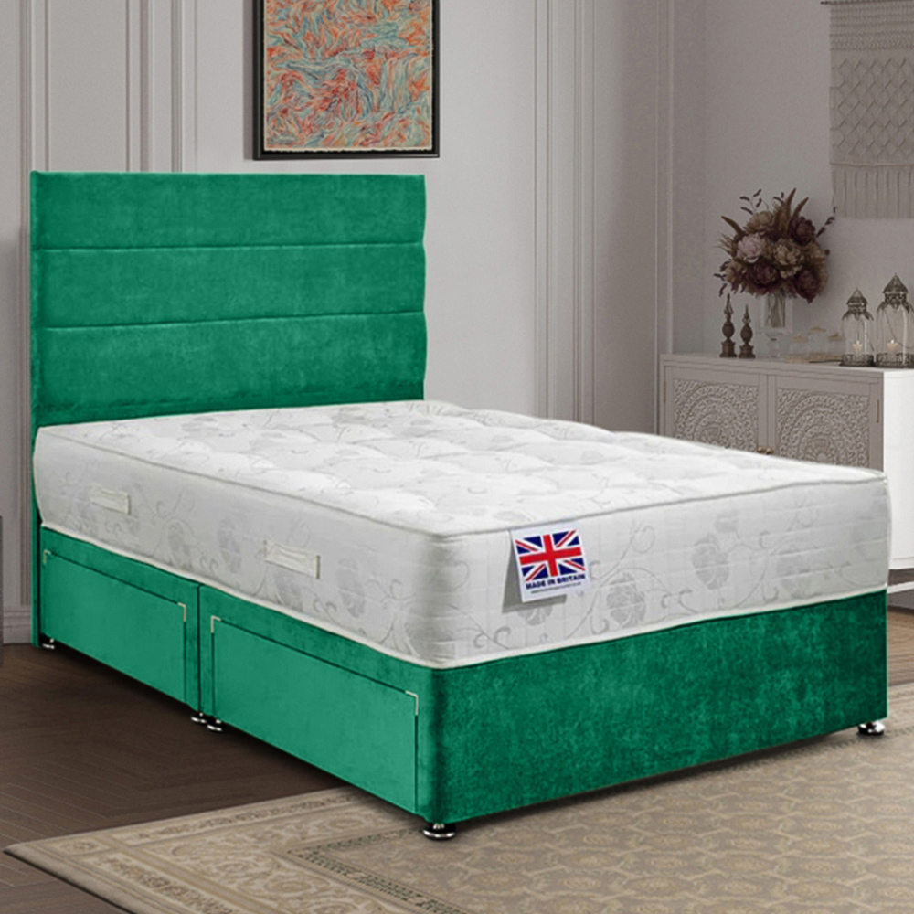 Eleganza Home Repose Super King Size Emerald Plush Velvet 2 Drawer Divan Bed with Lined Headboard Image 1