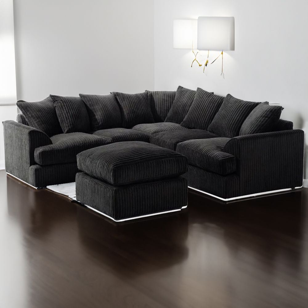 Portland Lana Modern 5 Seater Black T Arm Jumbo Cord Sofa with Footstool Image 1