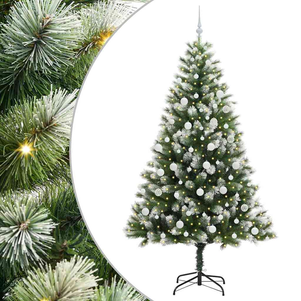 vidaXL Pre-Lit White Baubles Green Artificial Snow Tipped Hinged Christmas Tree 7ft Image 2