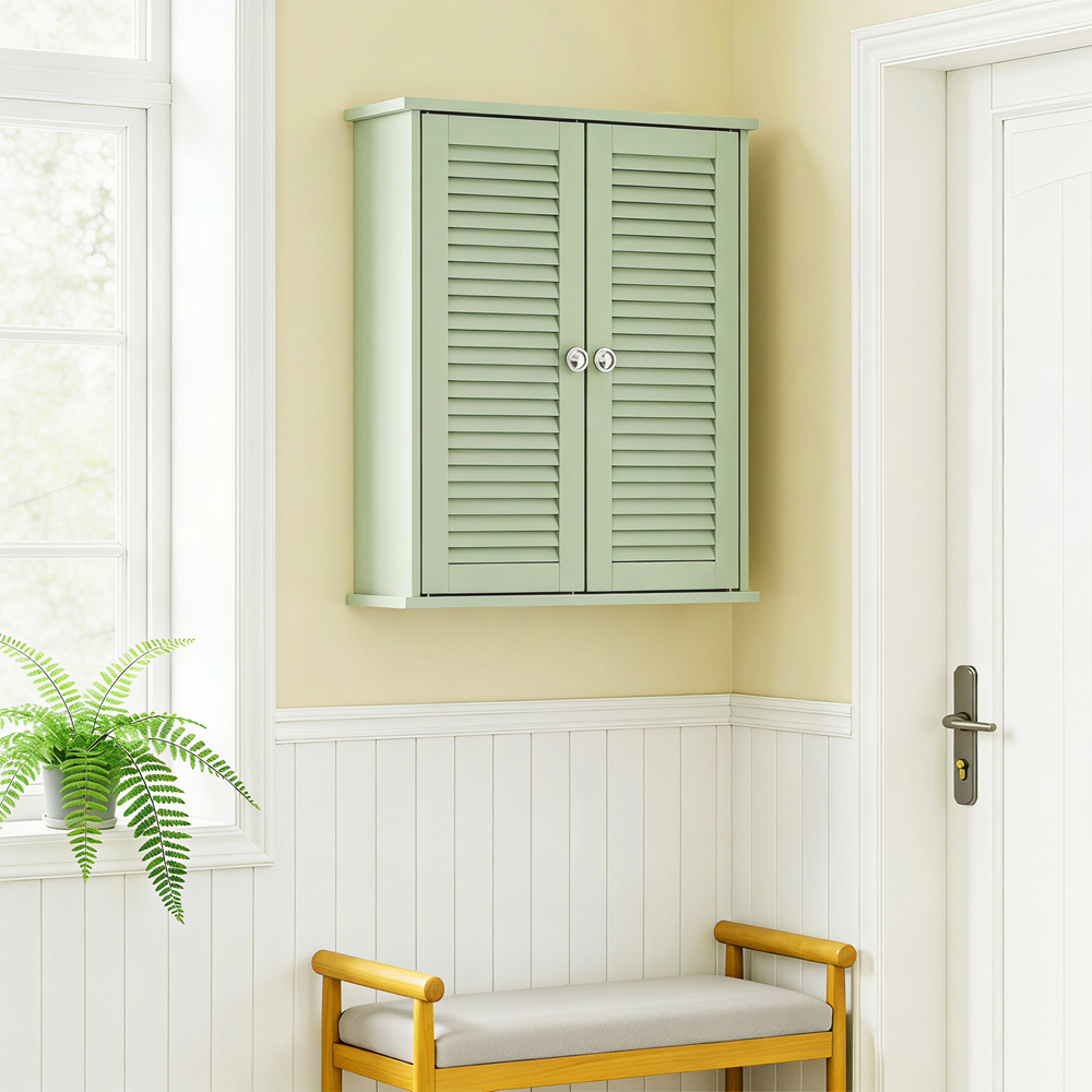 HOMCOM 2 Louvered Door Light Green Wall-Mounted Bathroom Cabinet Image 3