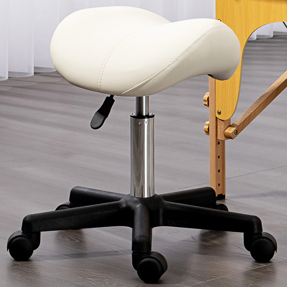 Portland White Adjustable Rolling Salon Saddle Stool Image 1