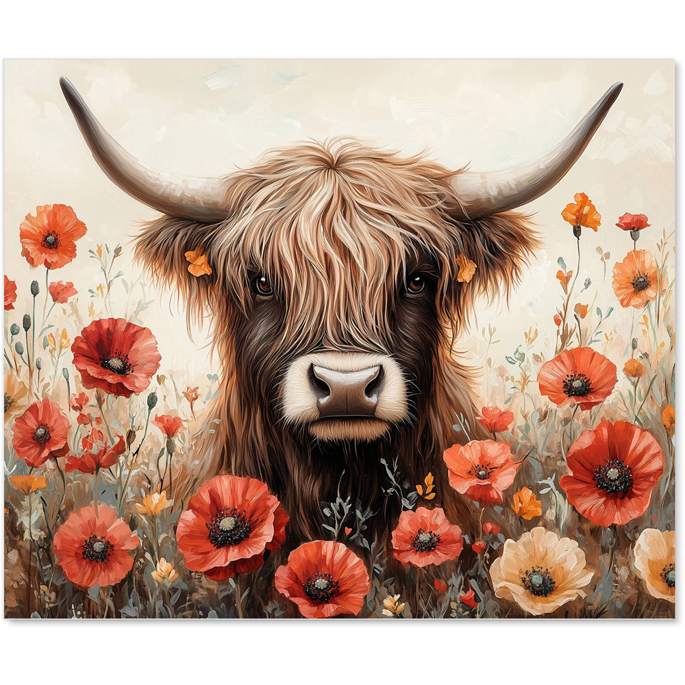 Warren Reed Designer Highland Cow And Summer Flowers Glass Kitchen Splashback 75 x 90cm Image 2