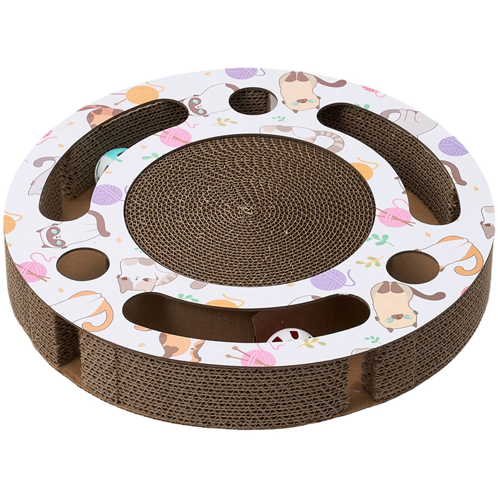 H&O Direct 33cm Multicolour Round Cat Scratcher Board with Ball Track and 2 Bell Balls Image 1