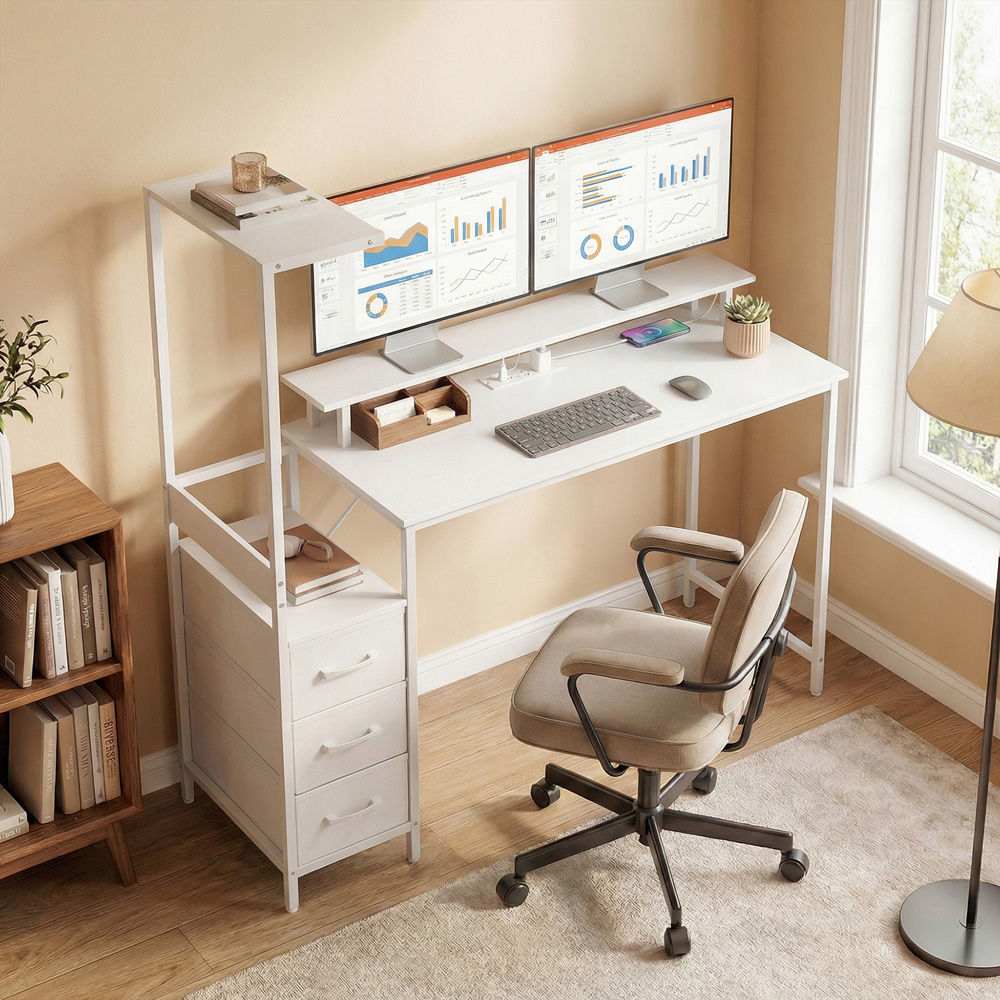 Portland 3 Drawer White Gaming Desk with Charging Station and RGB Lights Image 7