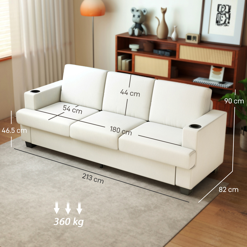 HOMCOM 3 Seater Cream Fabric Sofa with USB Ports and Cup Holders Image 9