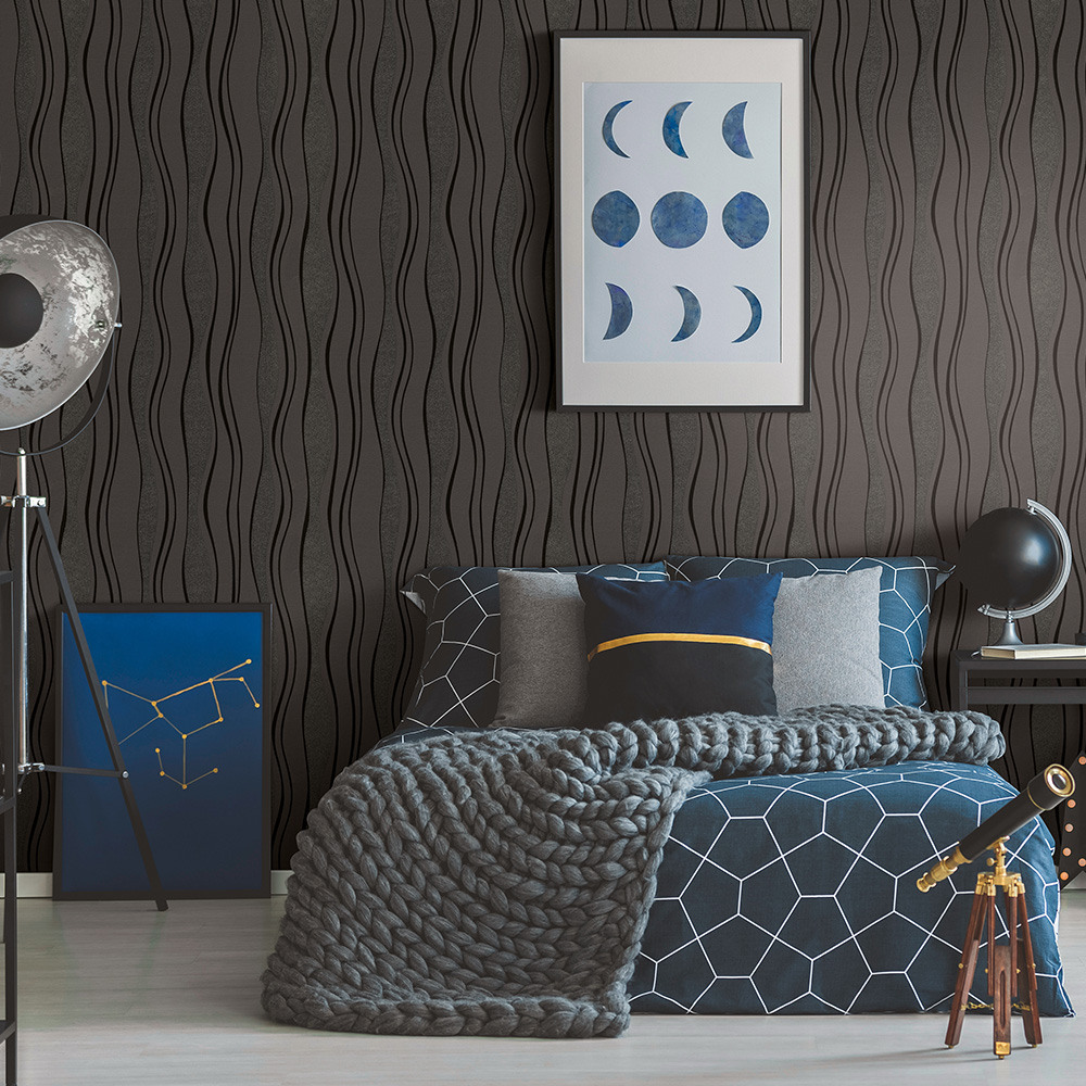 Erismann Glitzy Wave Textured Black Wallpaper Image 4