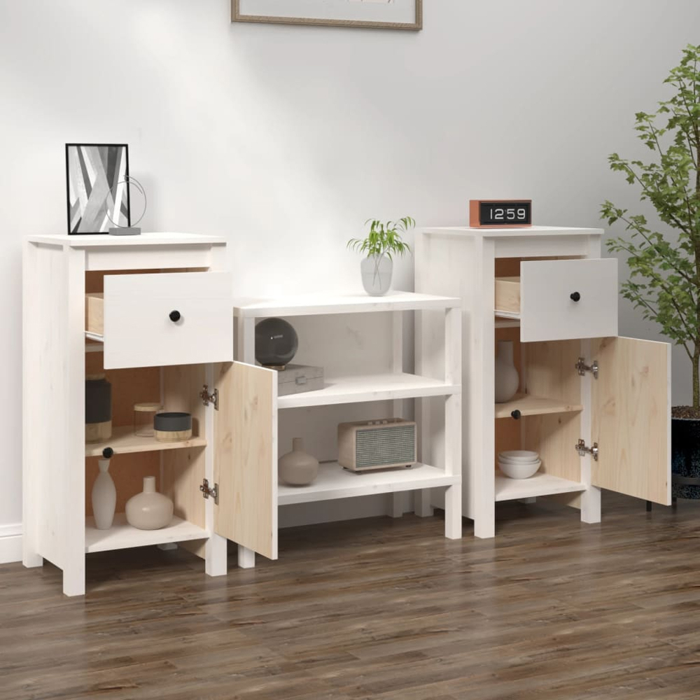 vidaXL Single Door Single Drawer White Solid Pine Wood Sideboard Set of 2 Image 1