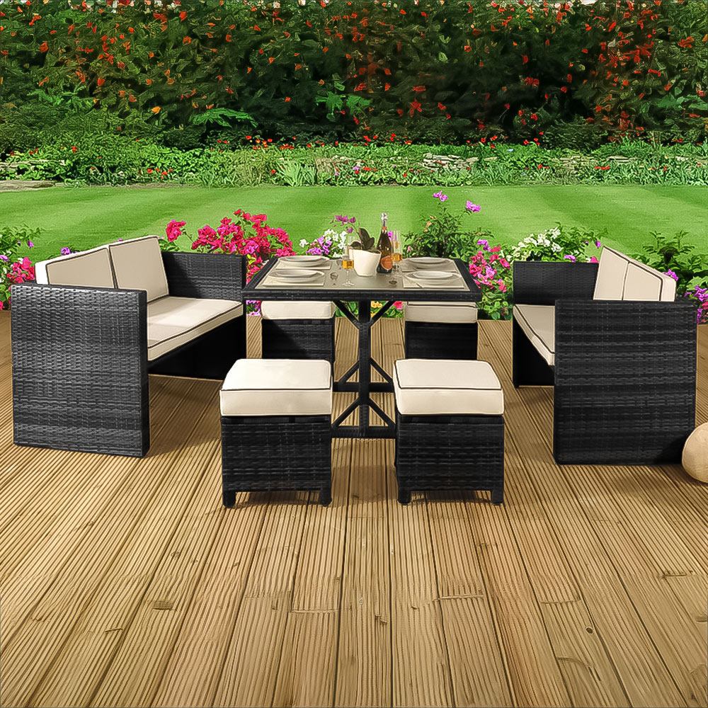 Brooklyn 8 Seater Black Rattan Garden Sofa Set with Cover Image 1