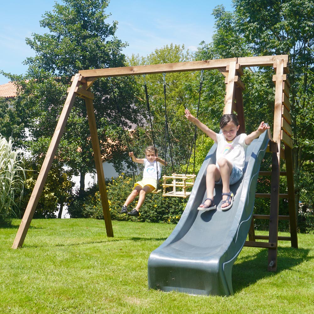 Soulet Prune Kids Double Wooden Swing Set with Slide Image 2