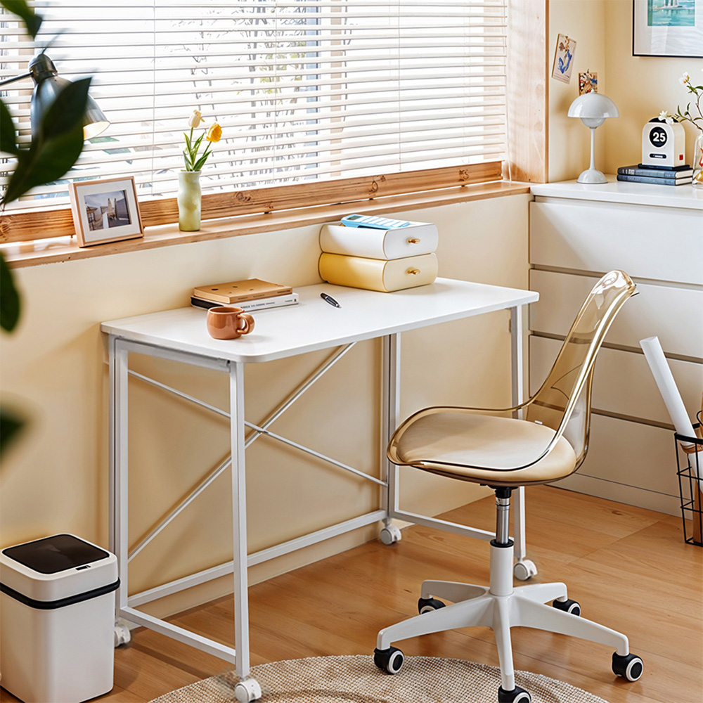 Living and Home Metal Frame Foldable Office Desk with Lockable Casters Cream White Image 8