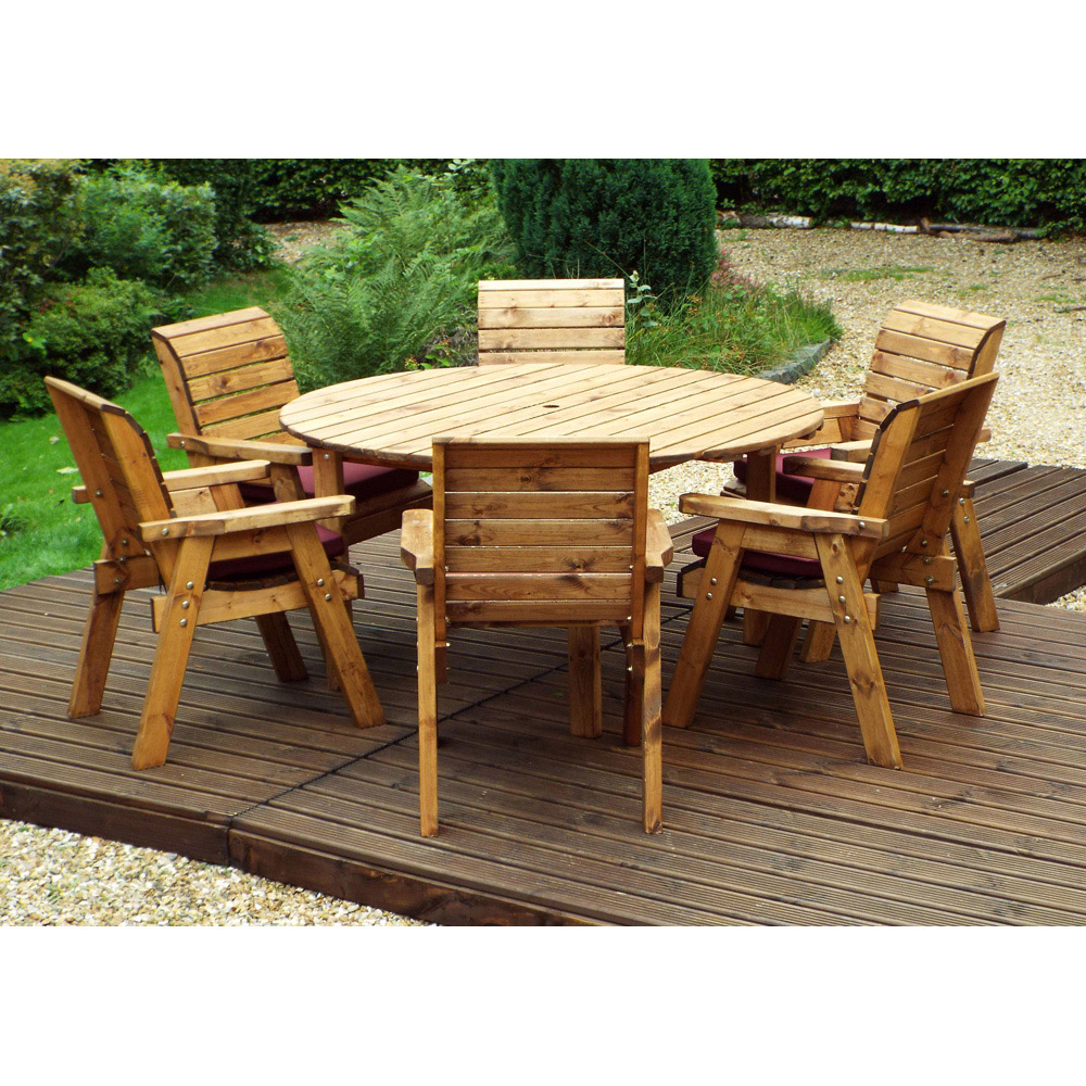 Charles Taylor Solid Wood 6 Seater Round Outdoor Dining Set with Red Cushions Image 3