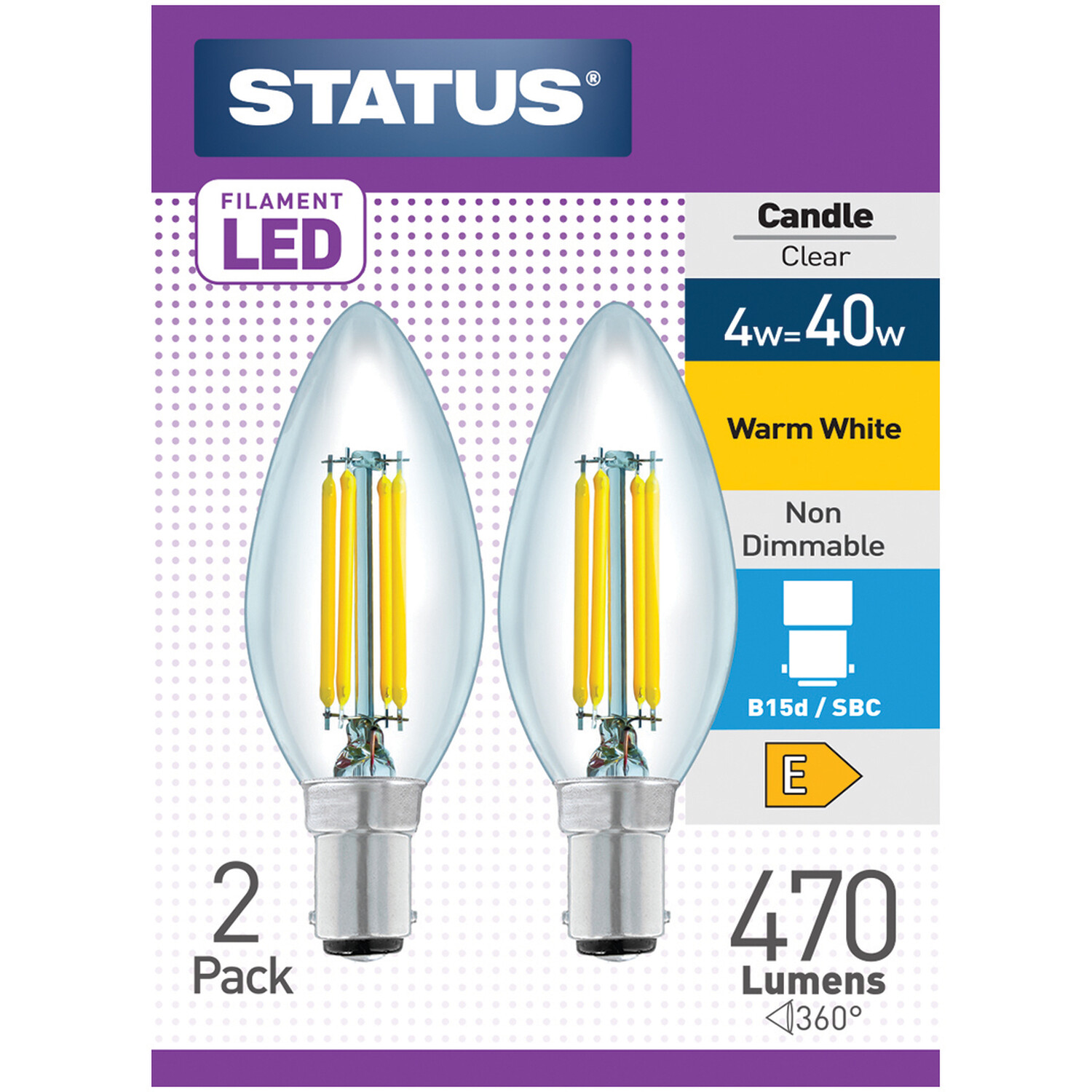 Pack of 2 Status 4W Filament LED Candle Lightbulbs - Small Bayonet Cap / SBC Image 1