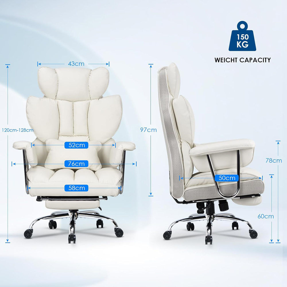 Rattrix White Leather Ergonomic High Back Swivel Office Chair with Footrest Image 7