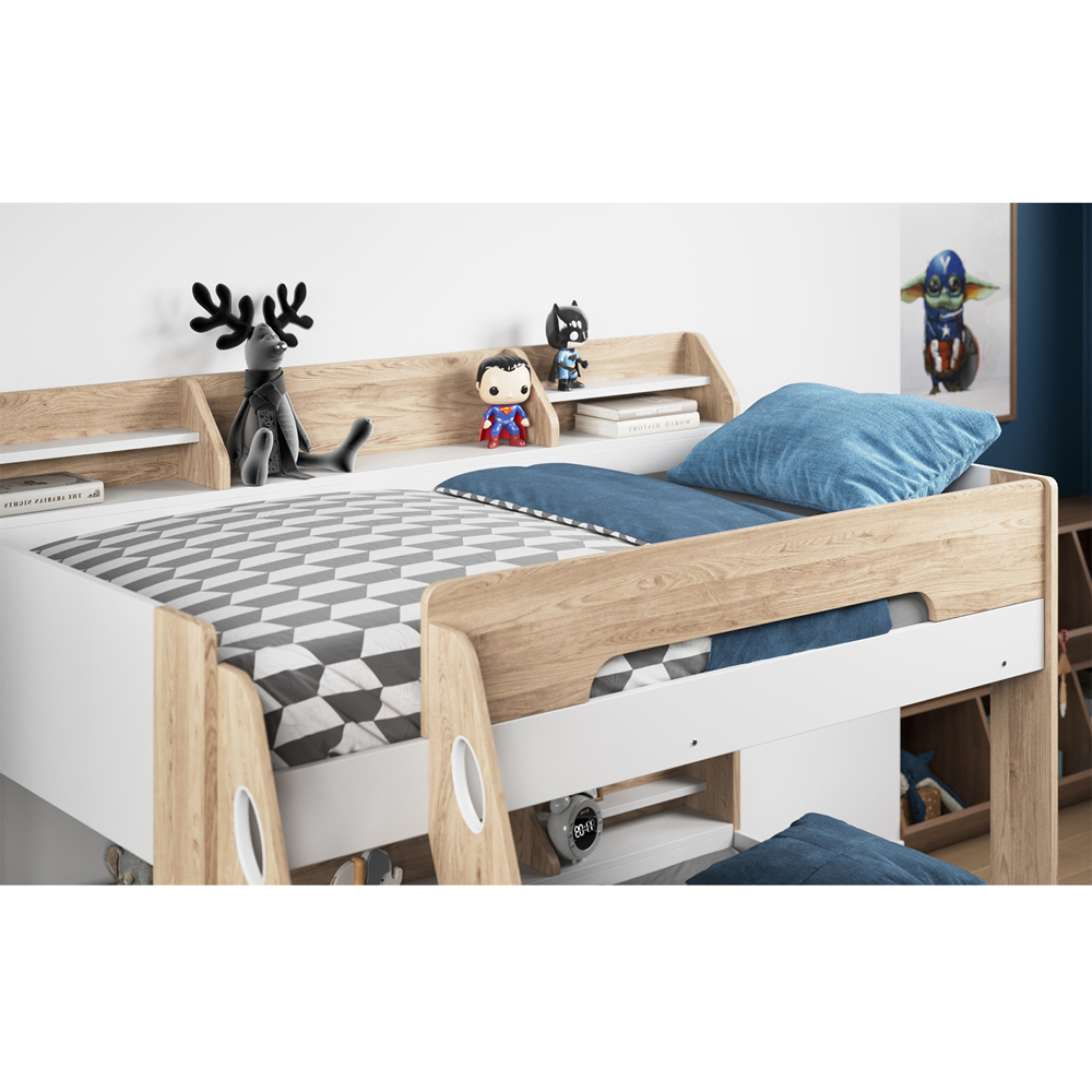 Flair Flick Triple Sleeper Oak Single Drawer Wooden Bunk Bed with Shelves Image 3