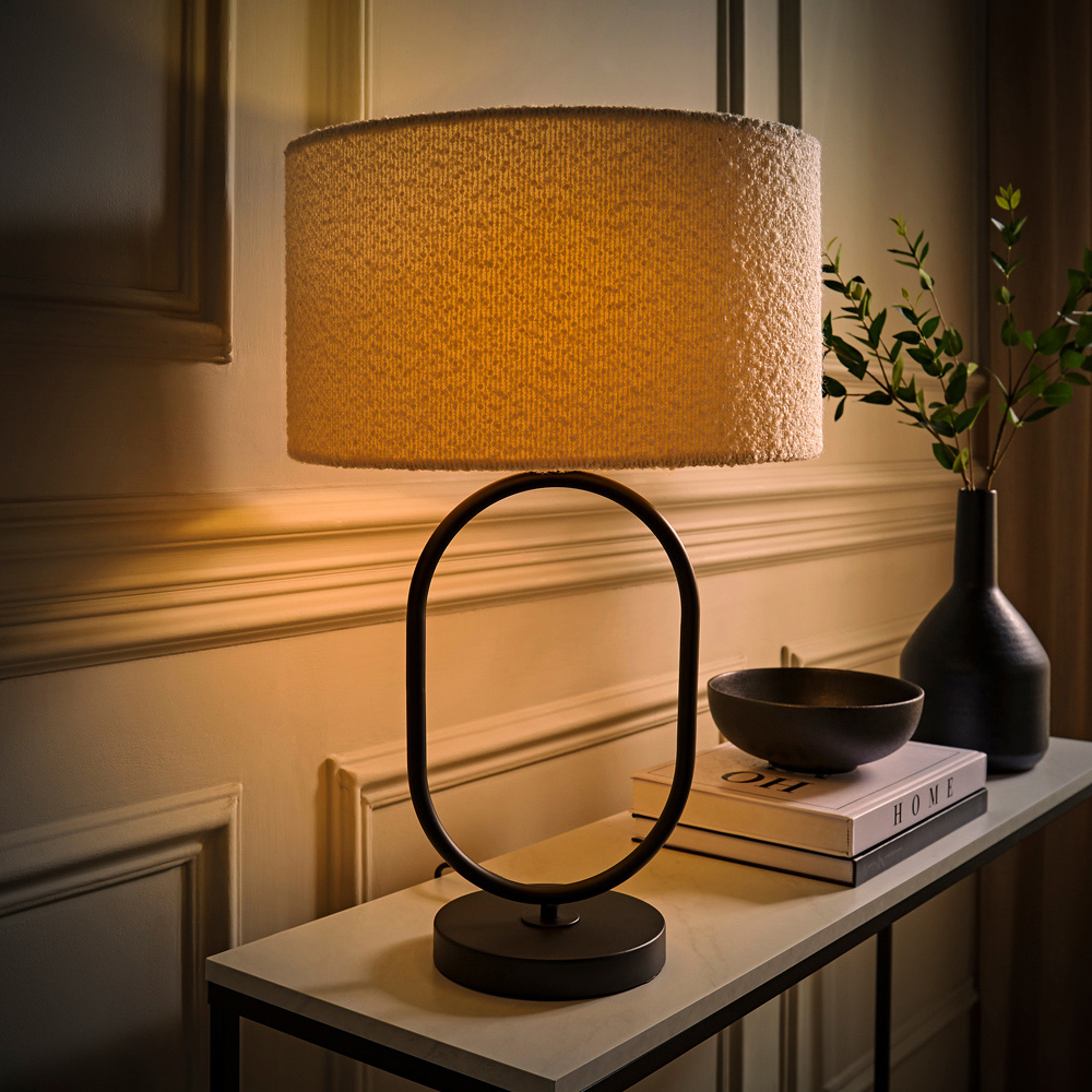 ValueLights Antonia Cream Boucle Drum Shade Matte Black Oval LED Table Lamp Image 6