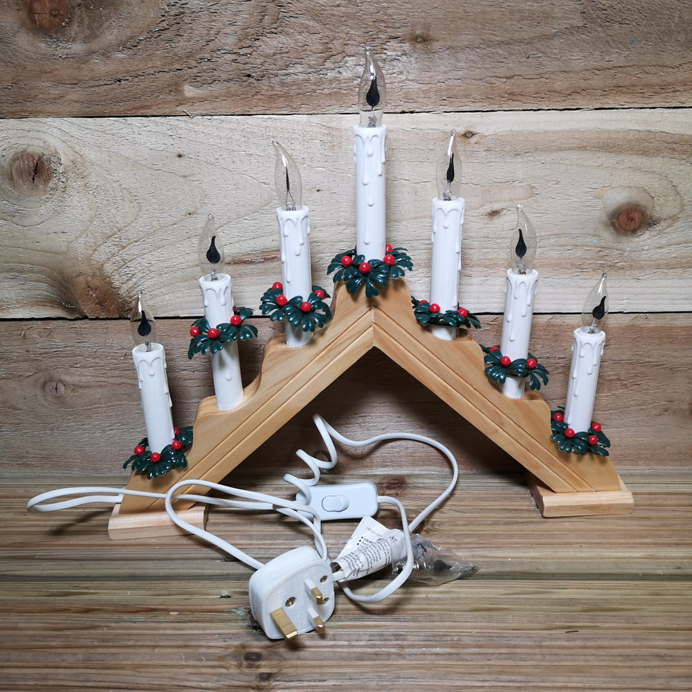 Premier 7 Flickering Warm White LED Wood Finish Christmas Candle Bridge Image 8