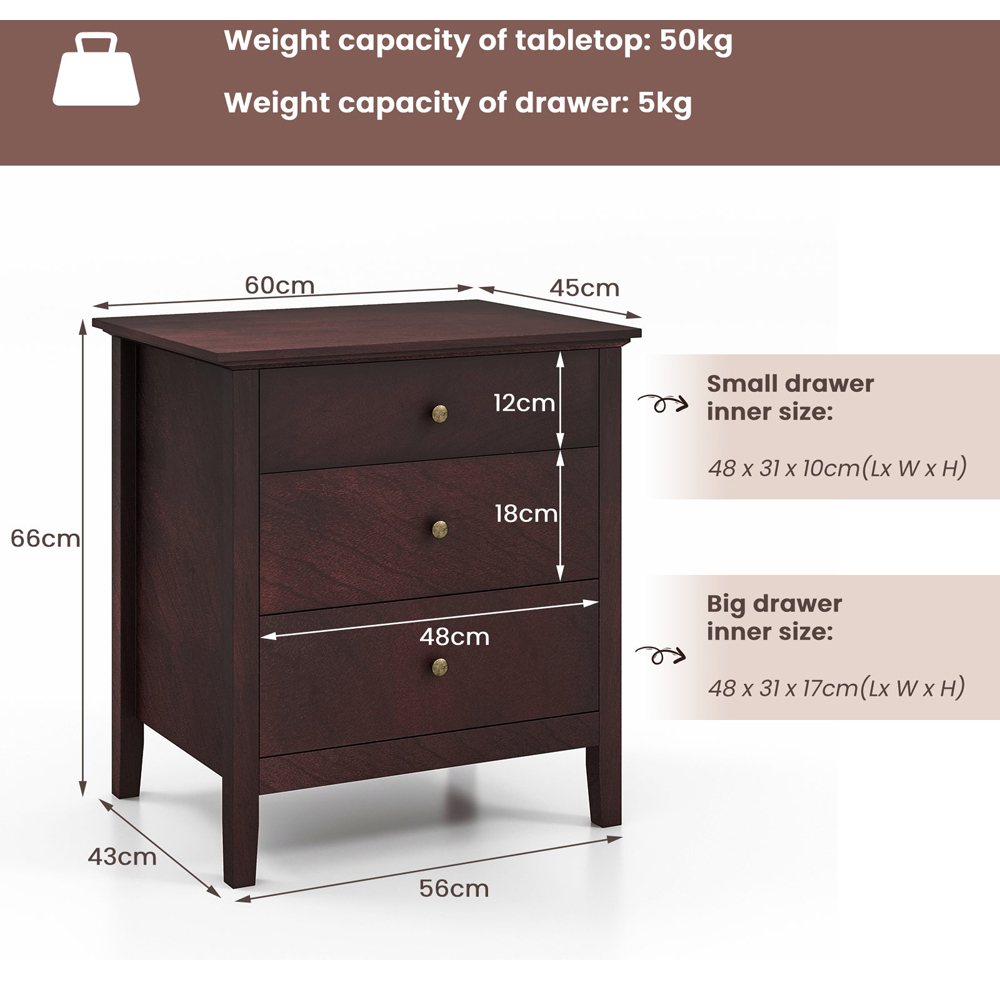 Costway 3 Drawer Brown Wooden Bedside Table Image 7