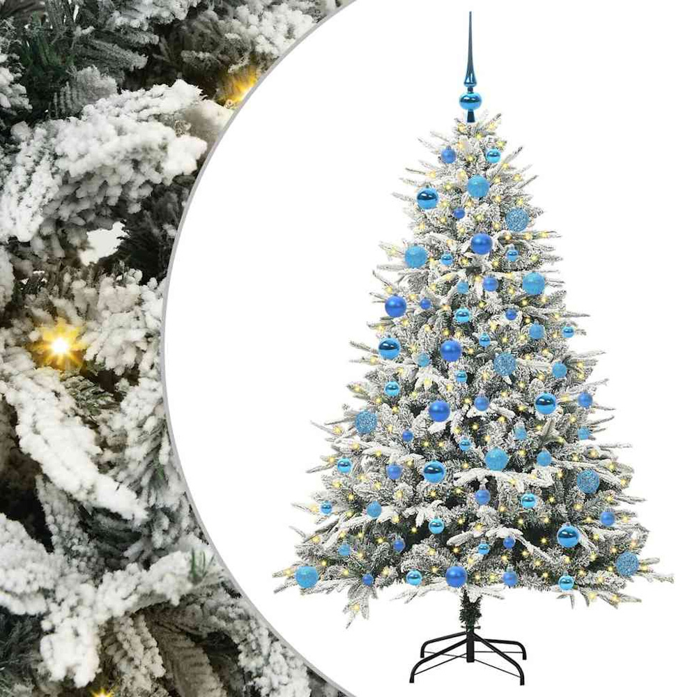 vidaXL 300 LED Pre-Lit Blue Baubles Green Artificial Snow Flocked Christmas Tree 6ft Image 2
