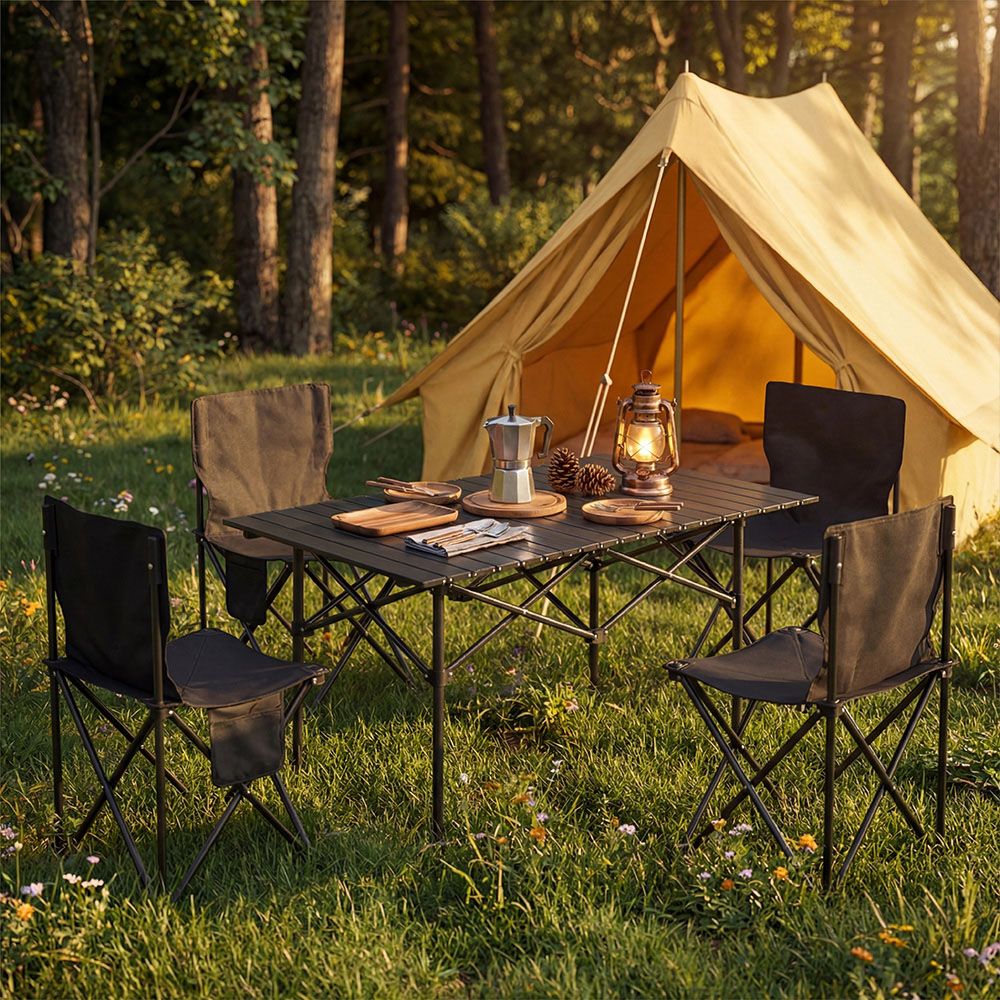 Living and Home 4 Seater Black Portable Folding Camping Table and Chair Set Image 2