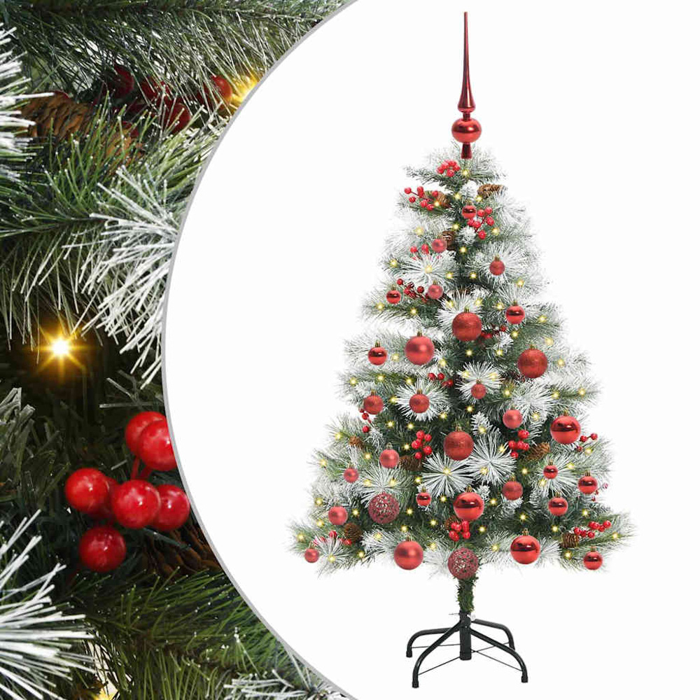 vidaXL Pre-Lit Red Baubles Green Artificial Snow Flocked Christmas Tree 4ft Image 2