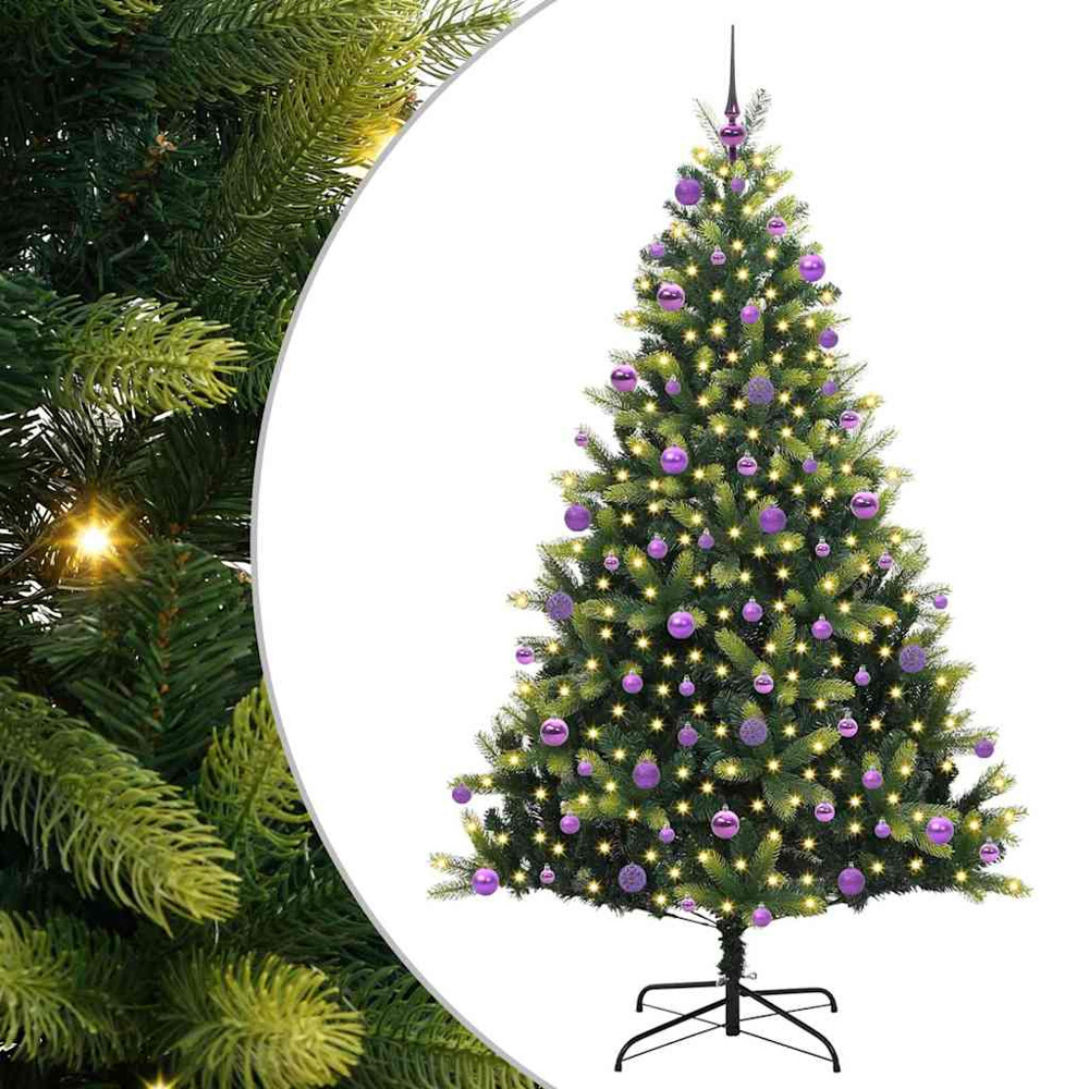 vidaXL Pre-Lit Lilac Baubles Green Artificial Hinged Christmas Tree 7ft Image 2
