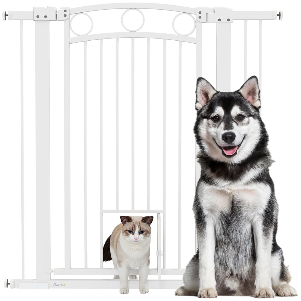 PawHut 76-104cm White Adjustable Stair Gate with Cat Door Image 3
