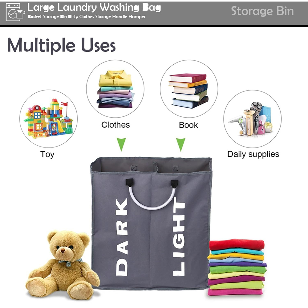 ATEK Double Compartment Dark Grey Collapsible Laundry Basket Image 6