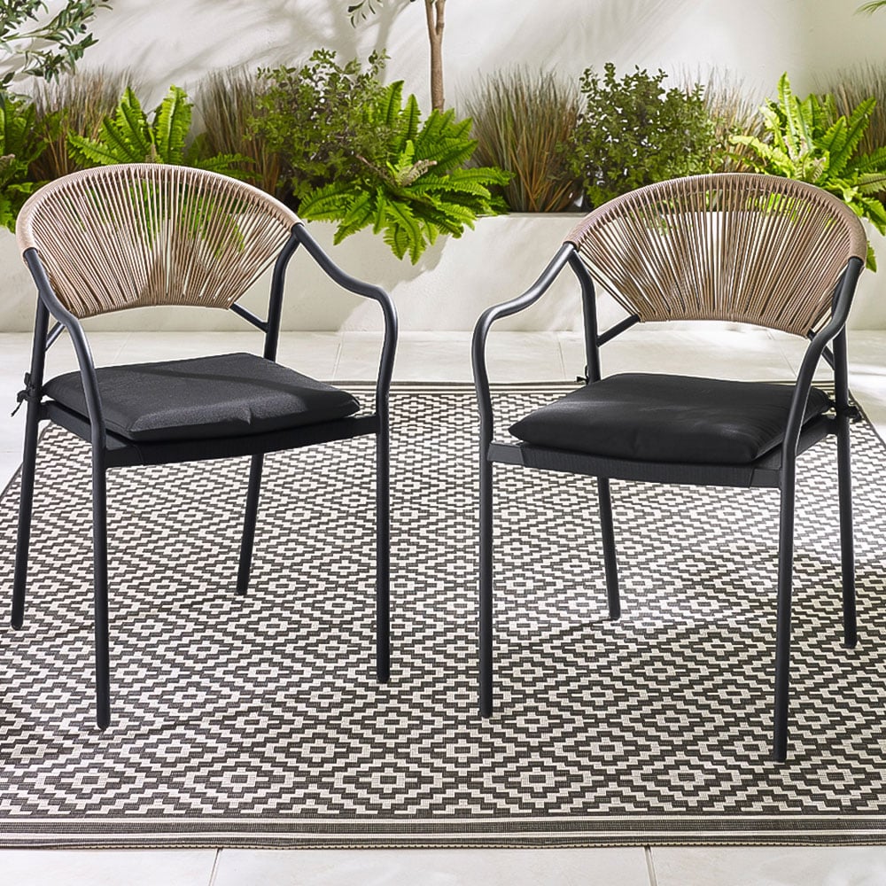 Furniturebox Sora Set of 2 Black Rattan Outdoor Dining Chair Set with Cushion Image 1