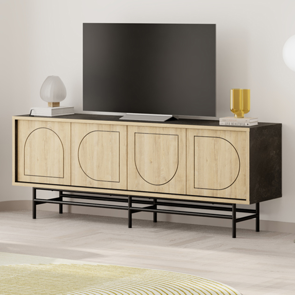 Decortie Joji 4 Door Moss Green and Oak Laser-Cut Design Modern Console Unit Image 1