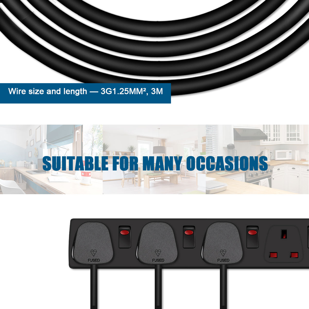 ExtraStar Black 13A 3m 6 Socket Individually Switched Surge Protected Extension Lead Image 2