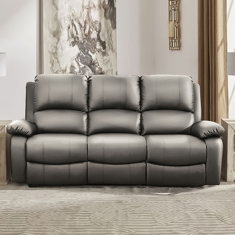 Brooklyn 3 Seater Light Grey Bonded Leather Manual Recliner Sofa Image 1