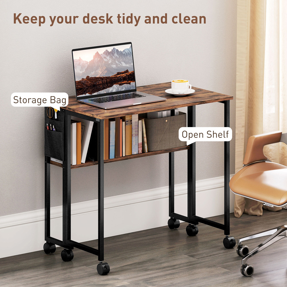 HOMCOM Single Shelf Foldable Computer Desk with Wheels and Side Bag Rustic Brown Image 5