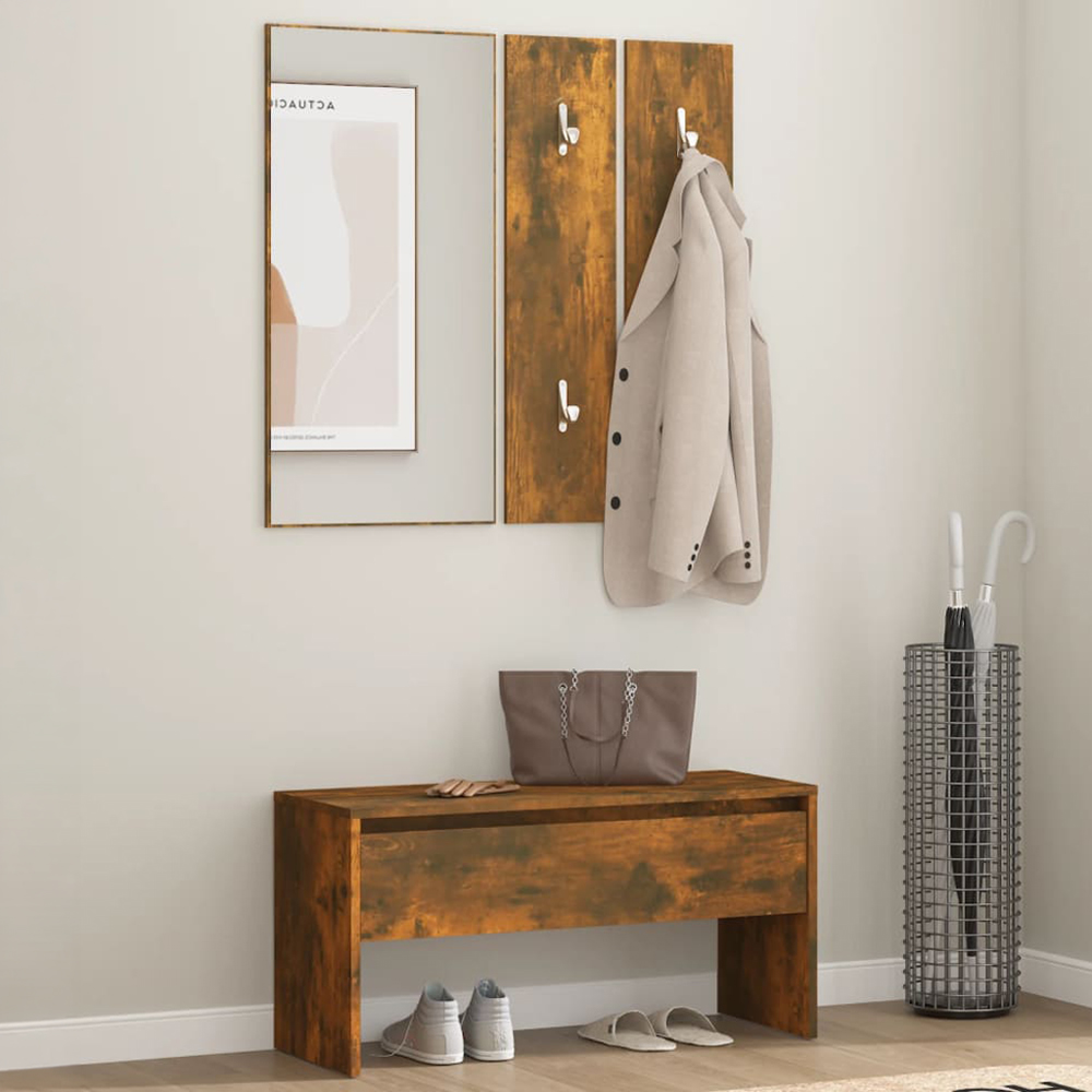 vidaXL Smoked Oak Wooden Hall Bench and Mirror Set Image 1
