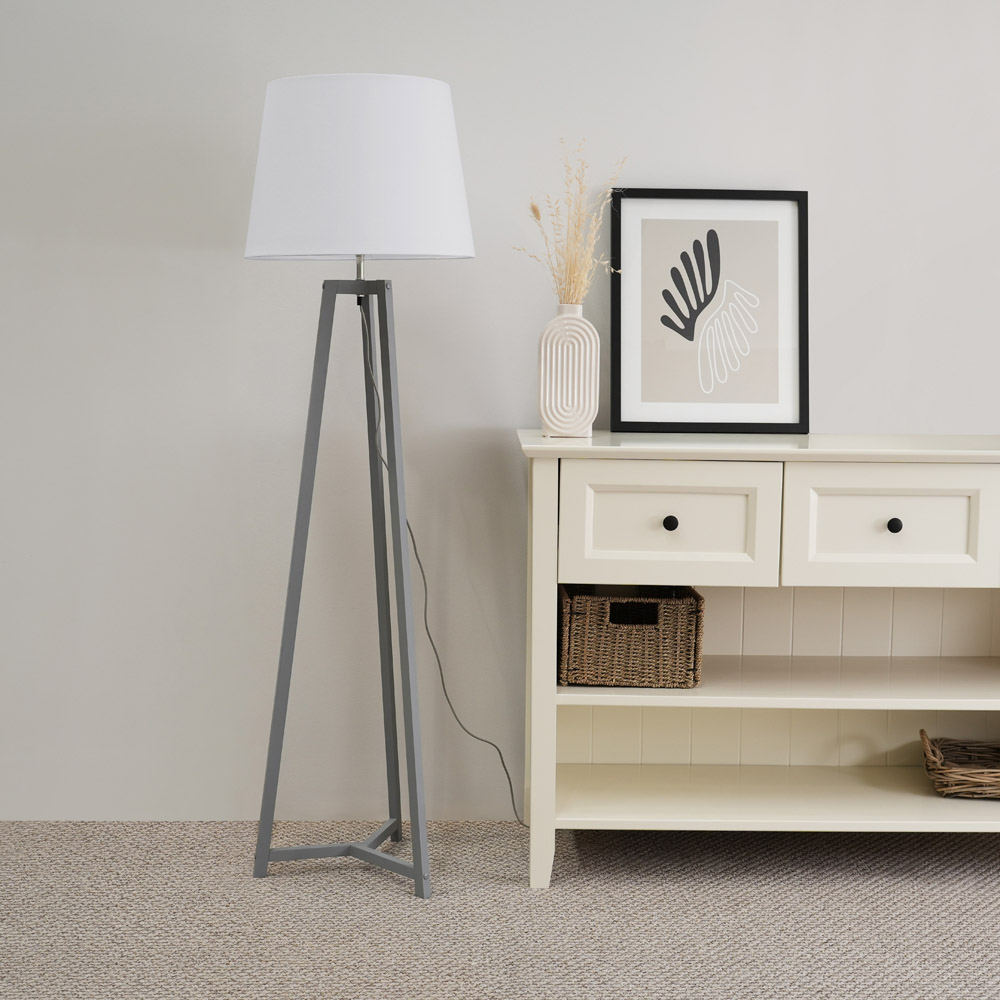 ValueLights Lottie White Fabric Tapered Shade Grey Wood Tripod LED Floor Lamp Image 3