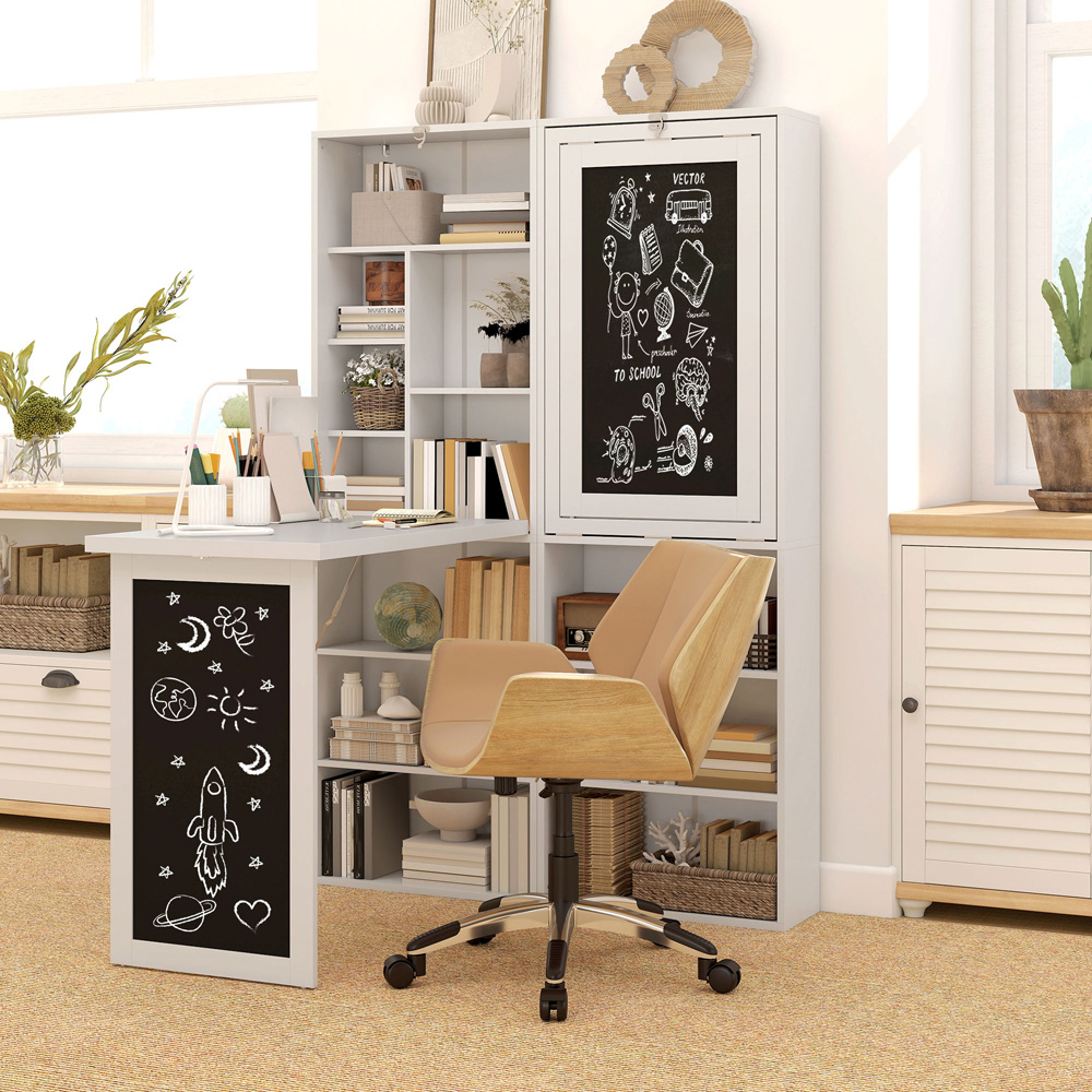 HOMCOM White Folding Convertible Desk with Blackboard and Bookshelf Image 3
