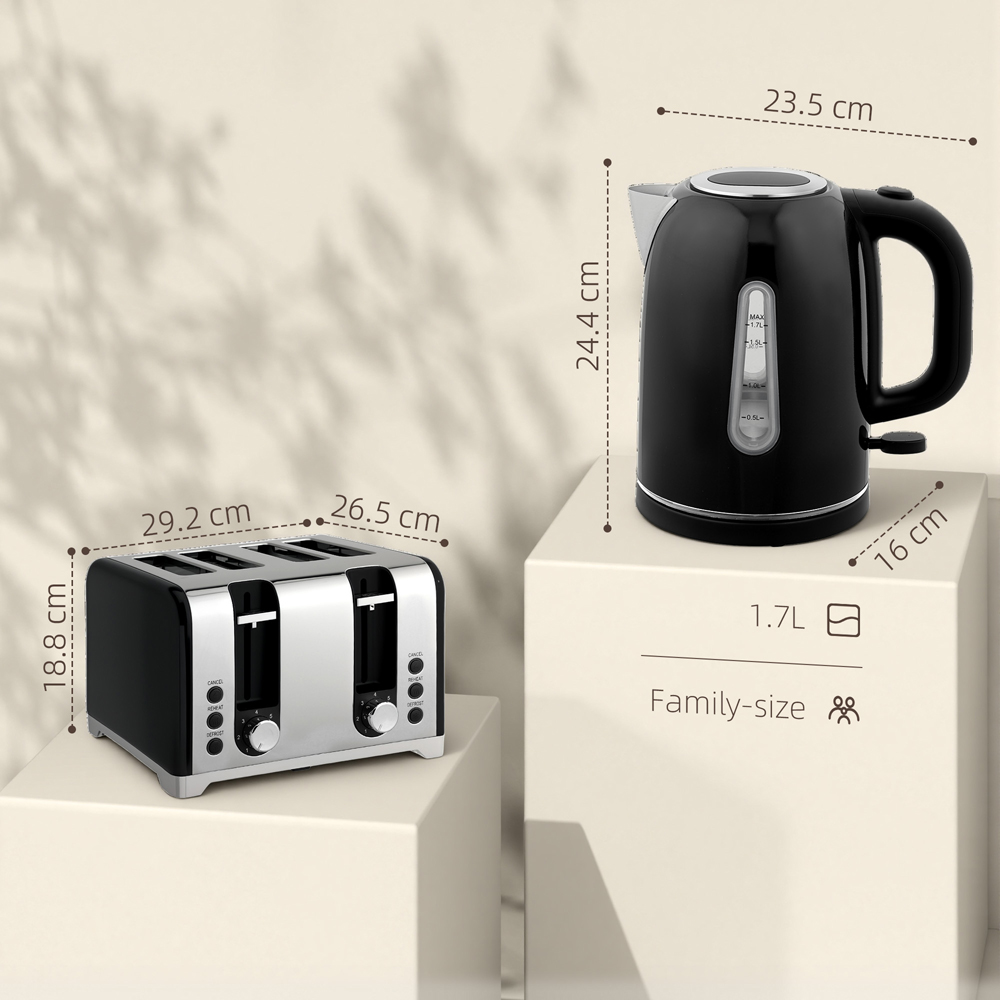 HOMCOM 800-290V70BK Black 1.7L Kettle and 4 Slice Toaster Set 3000W Image 9