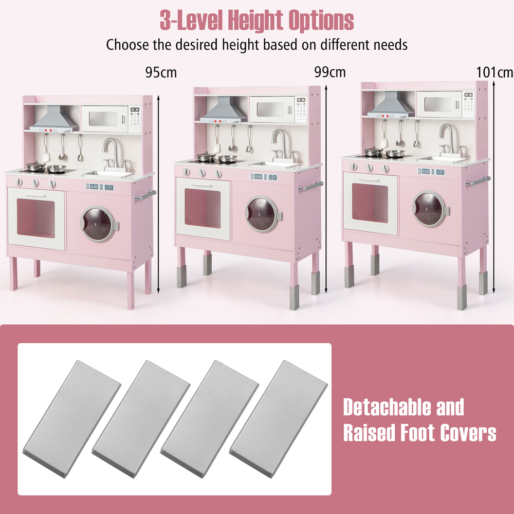 Costway Pink Kids Adjustable Wooden Kitchen Play Set with Washing Machine Image 5