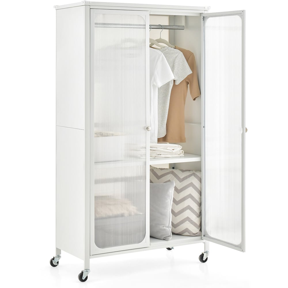 Costway 2 Door White Wardrobe with Wheels Image 3
