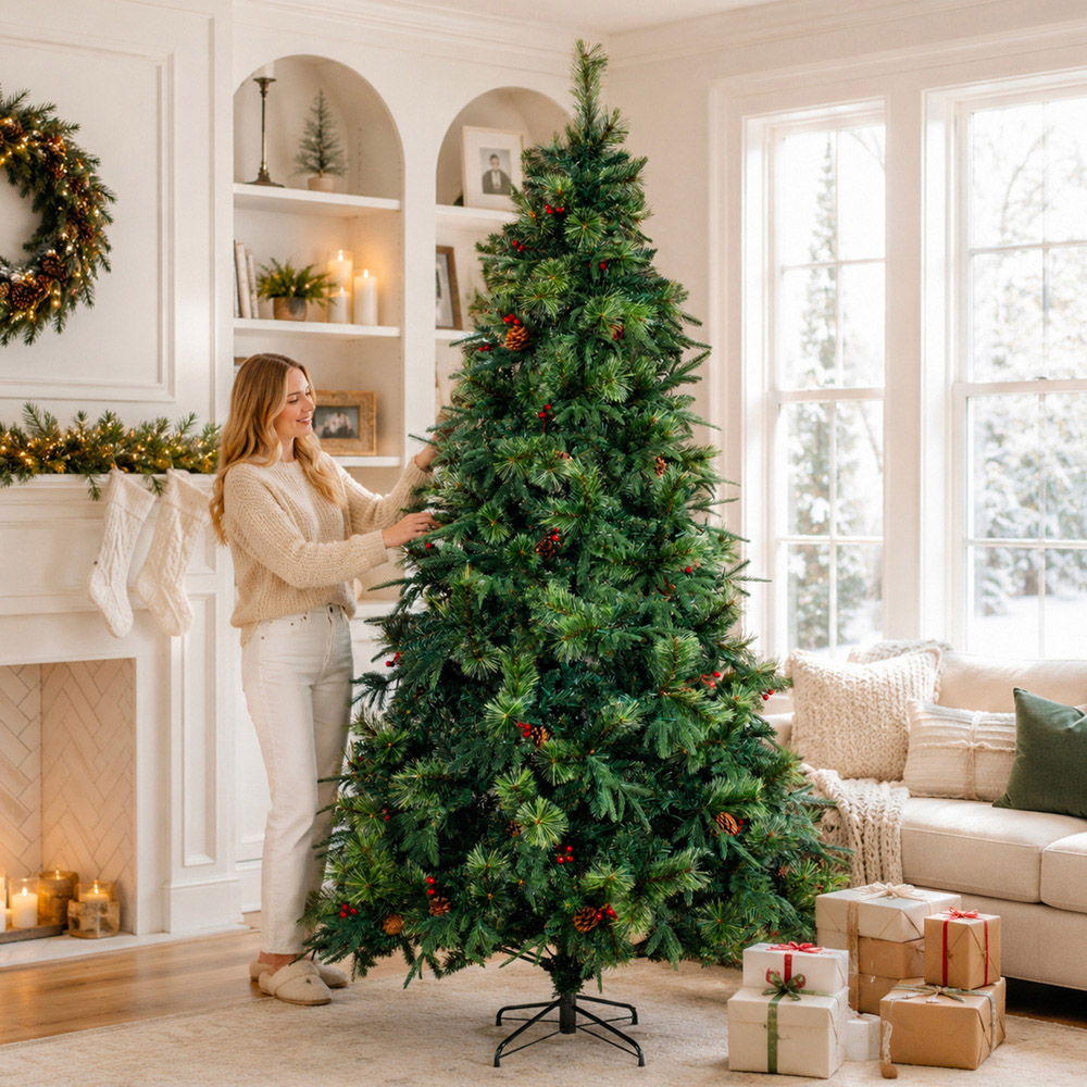 Abrihome Green Artificial Christmas Tree with Blooming Pine Needles Berries and Pinecones 8.5ft Image 6