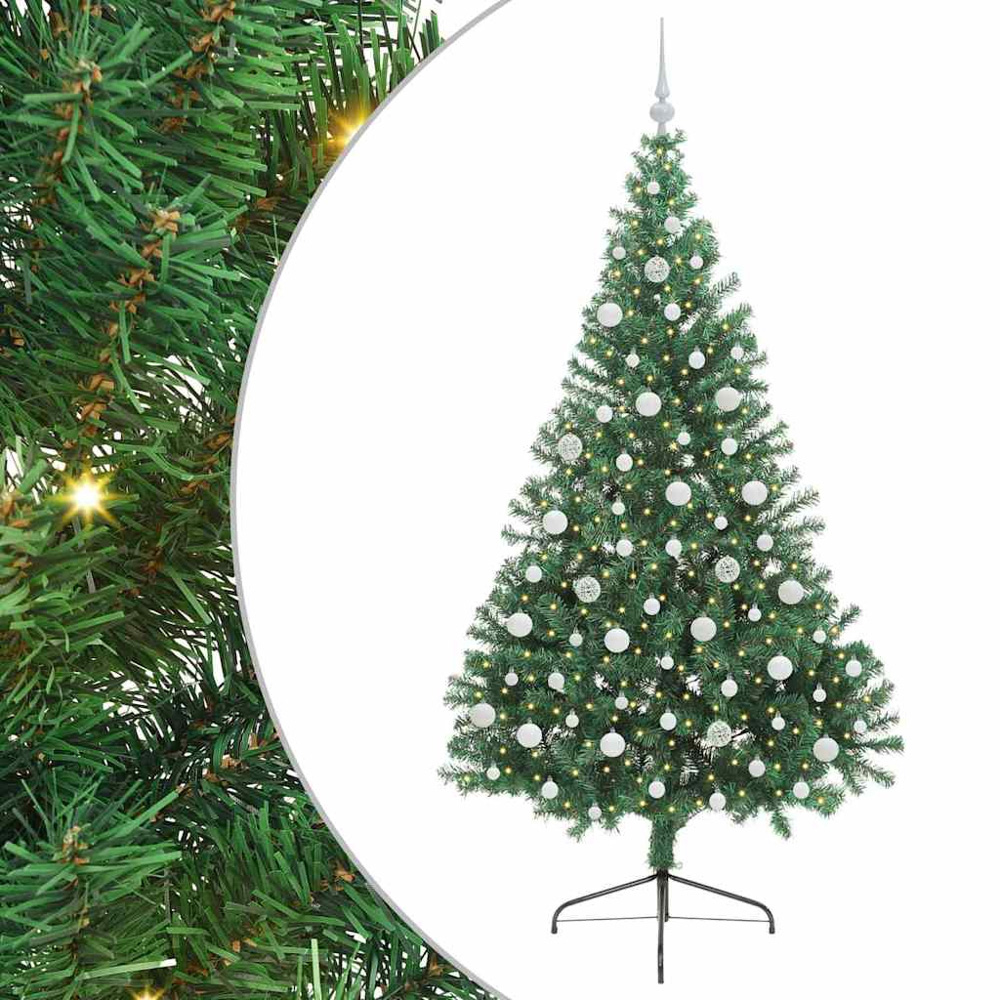 vidaXL Pre-Lit White Baubles Green Artificial Christmas Tree 7ft Image 2