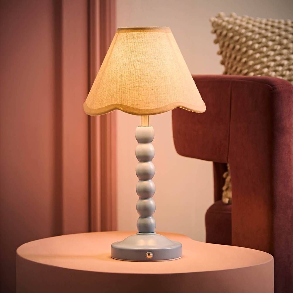 ValueLights Bobble Natural Scallop Shade Blue Rechargeable Wooden LED Table Lamp Image 2