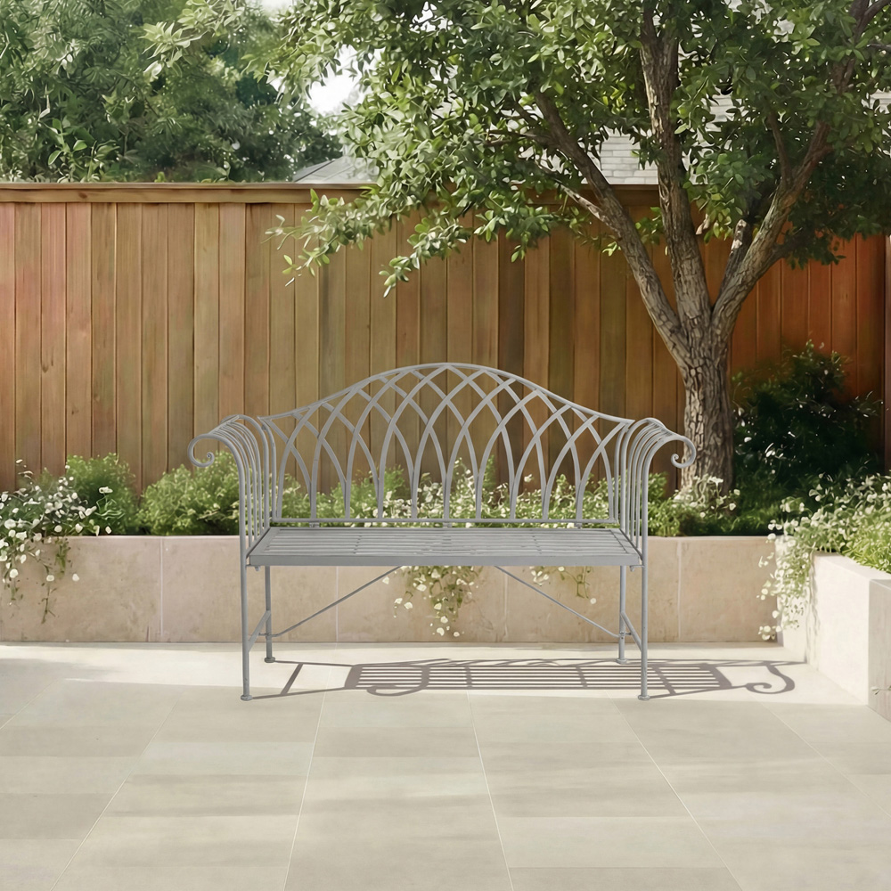 Charles Bentley 2 Seater Grey Decorative Rustic Metal Garden Bench Image 7