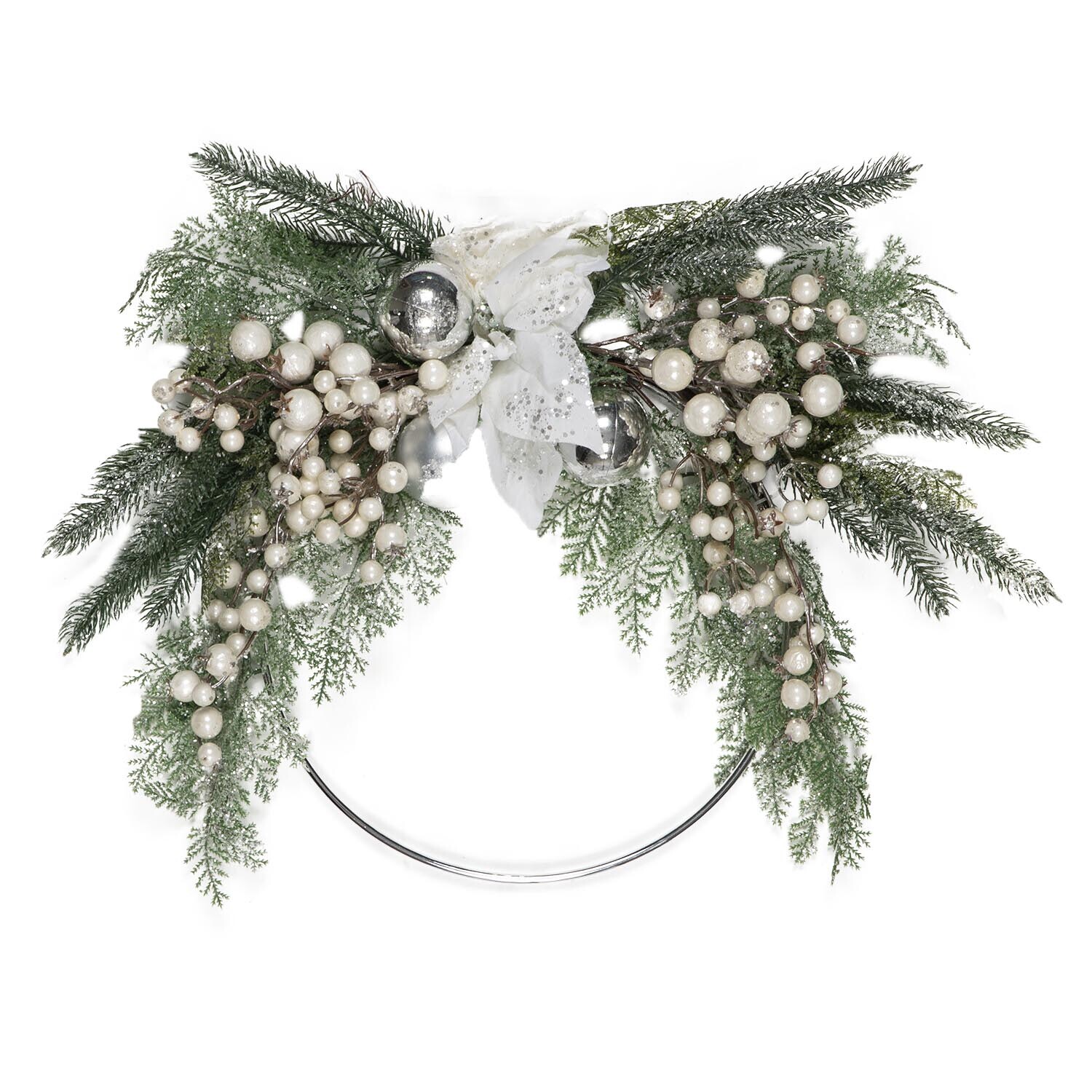 White Poinsettia Bauble Hoop Wreath Image 1