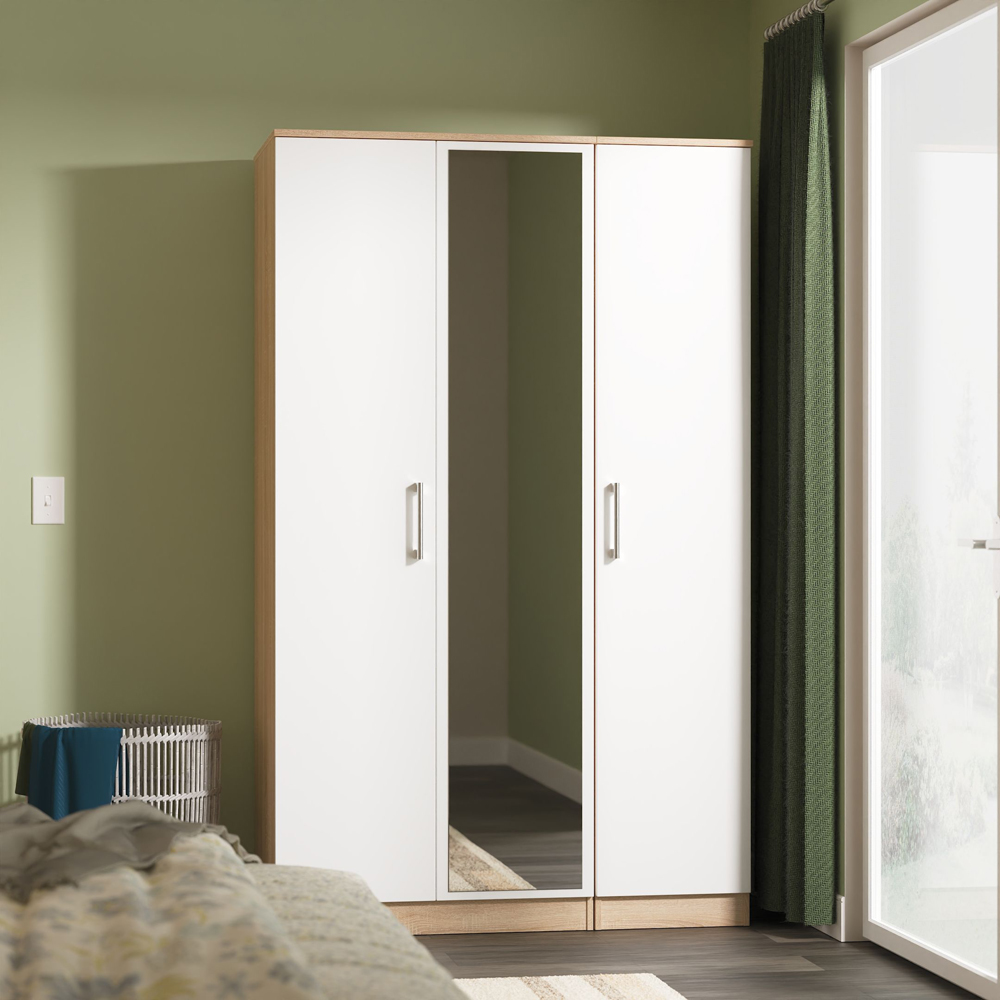 Crowndale Devon 3 Door Matt White and Bardolino Oak Mirrored Wardrobe Ready Assembled Image 9