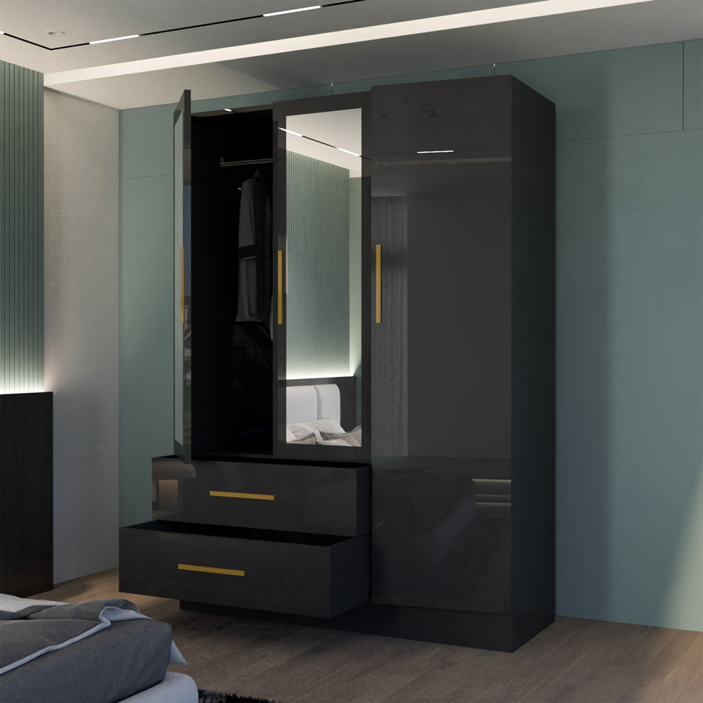 M N Furniture Glossera 3 Door 2 Drawer Black High Gloss Mirrored Wardrobe 116cm Image 3