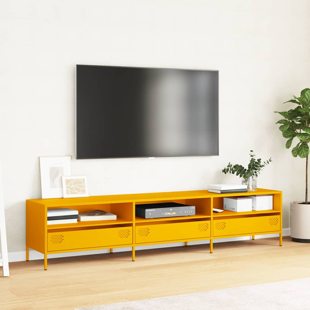 vidaXL 3 Drawer 3 Shelf Mustard Yellow Steel Industrial Style TV Cabinet Image 3