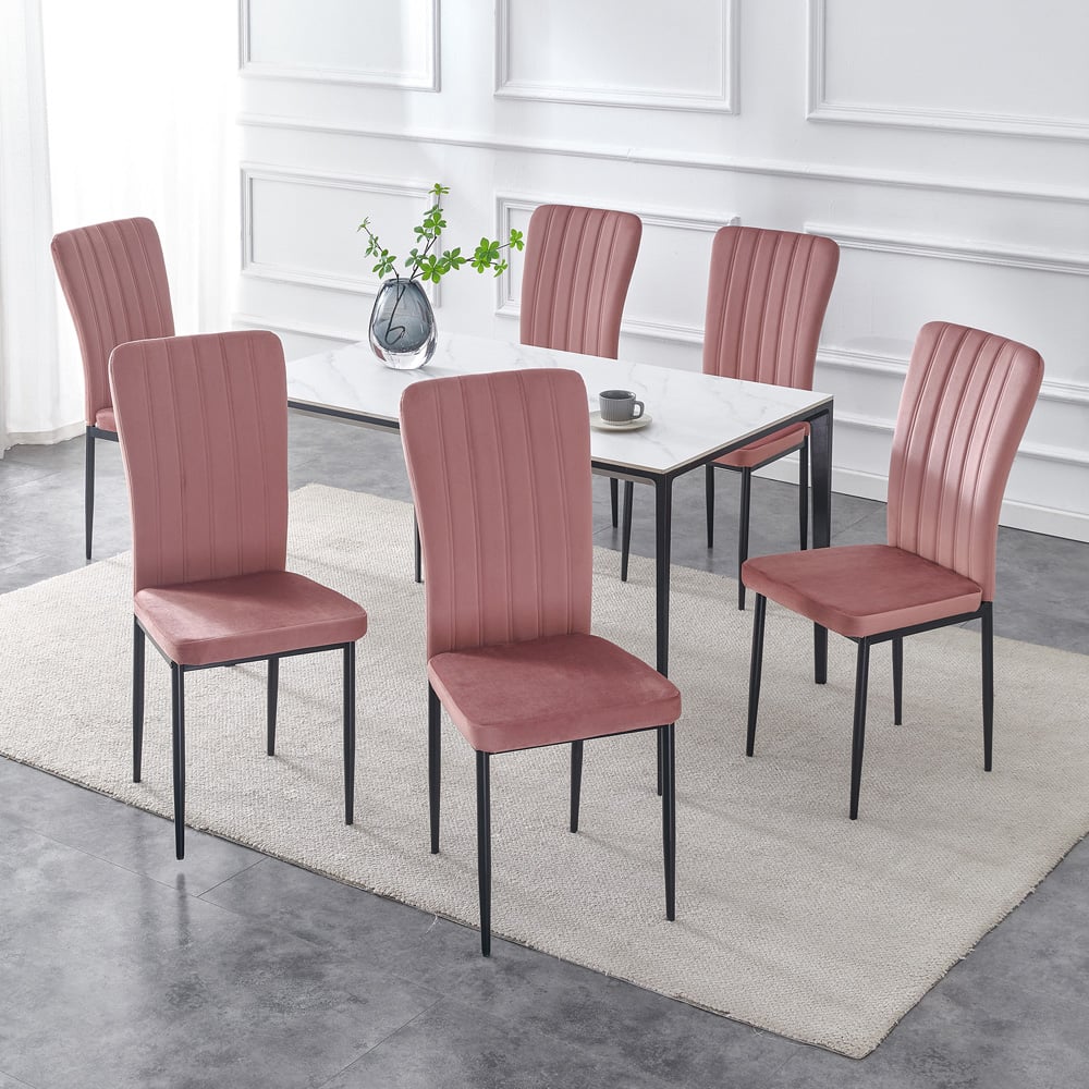 wilko Elle Set of 6 Pink Velvet Effect Plush Padded Upholstered Dining Chair Image 7